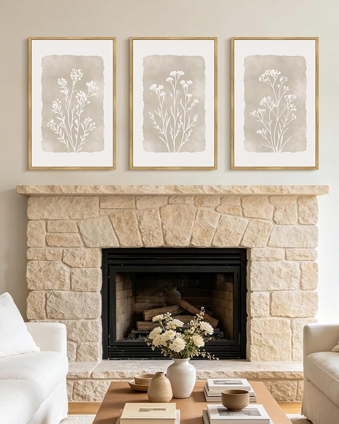 KUVIOKE Boho Botanical Flower Framed Wall Art Farmhouse Vintage Floral Wall Painting Rustic Wildflower Neutral Prints for Living Room Bedroom 16x24in (Natural Framed)