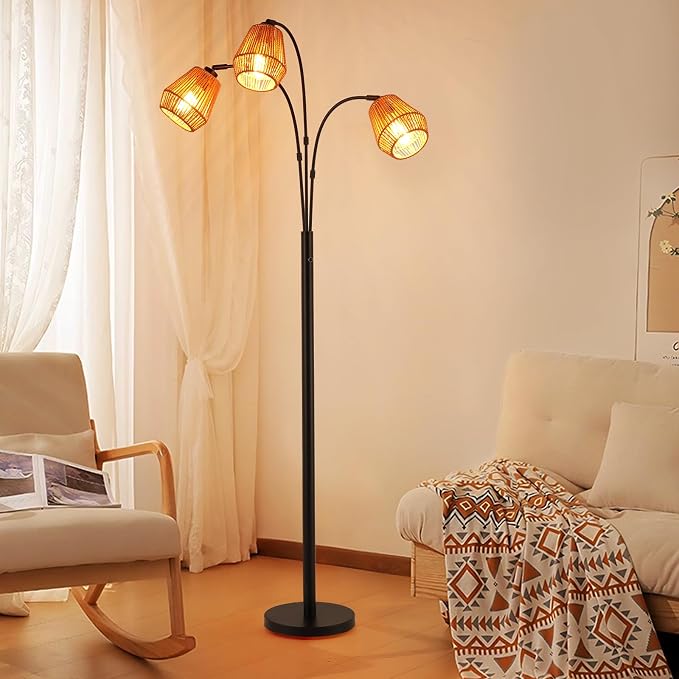 9MMML Vintage Black Arc Floor Lamp with Rotatable Arms & Rattan Lampshade, 3-Light Mode Rotary Switch Adjustable, 72.5'' Tall Standing Lamp for Living Room, Bedroom, E26 Base