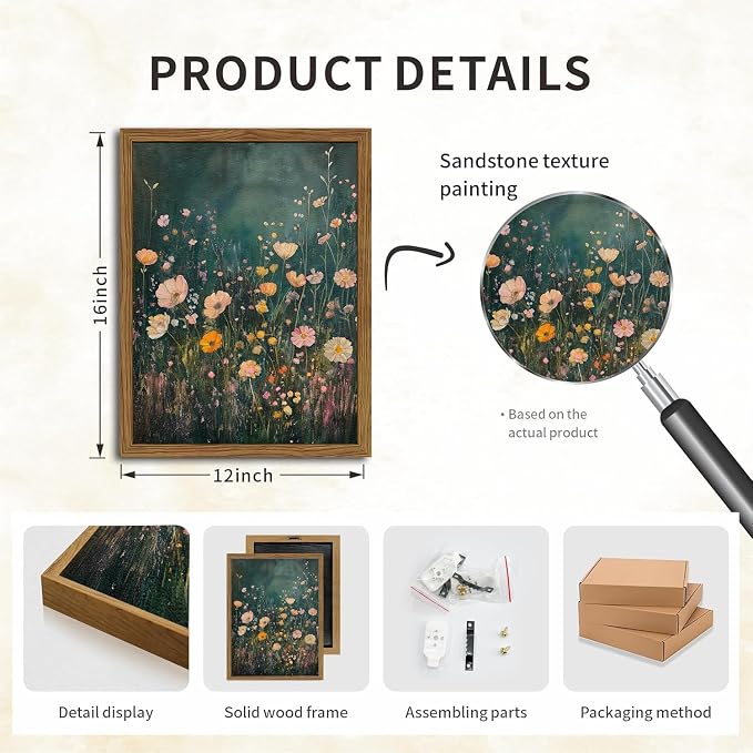 Dark Wildflower Wall Art Vintage Moody Flower Botanical Wall Decor Painting Cottagecore Floral Plant Artwork 3D Textured Sandstone for Living Room Bedroom 12x16 inch Wood Framed