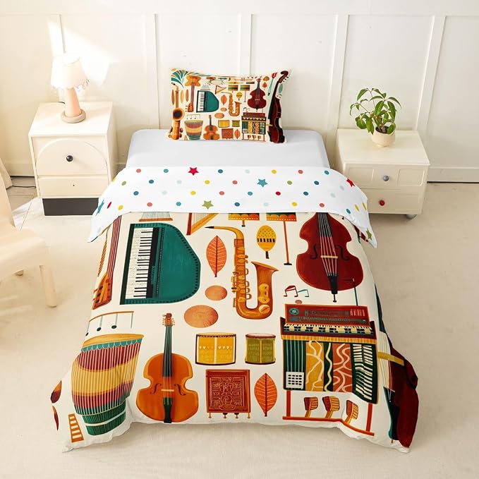 Erosebridal Retro Music Comforter Cover Twin for Kids Adults - Vintage Music Bedding Set Mid Century Musical Instruments Duvet Cover,Trendy Boho Jazz Instrument Bed Set