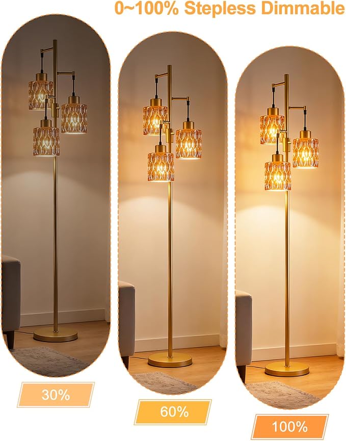 Lightdot 67" 3-Light Glass Floor Lamp for Living Room, Dimmable with Amber Glass Shade & E12 Bulbs Included, Mid Century Standing Tall Lamp with 5Lbs Heavy Base for Bedroom/Sofa Beside/Corner - Gold