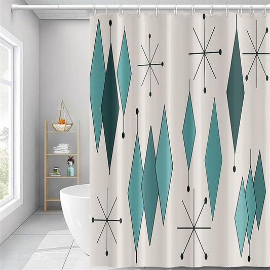 Mid Century Turquoise Shower Curtain Abstract Teal Diamond Geometric Atomic Starburst Pattern Beige Backdrop for 1950s Retro Bathroom Decor Shower Curtain Set with 12 Hooks, 72x96 Inches