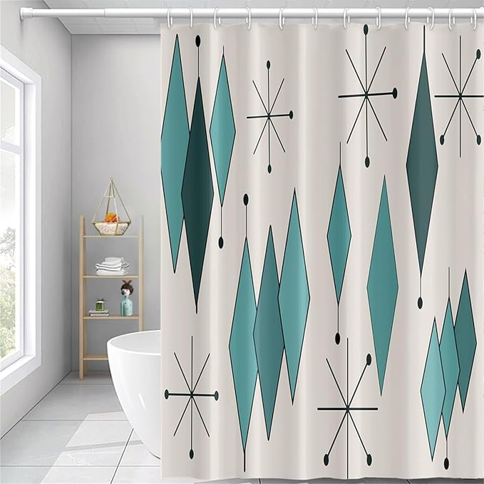 Mid Century Turquoise Shower Curtain Abstract Teal Diamond Geometric Atomic Starburst Pattern Beige Backdrop for 1950s Retro Bathroom Decor Shower Curtain Set with 12 Hooks, 72x84 Inches