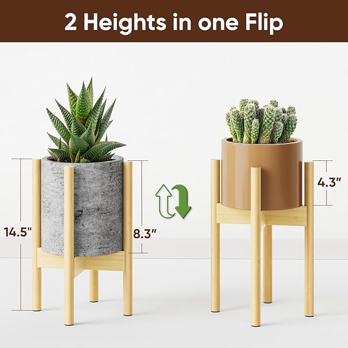 MUDEELA Plant Stand for Indoor Plants: Adjustable Width Fits 8-12 Inch Pots - Mid Century Modern Bamboo Plant Stand - 14.5 Inch Single Tier Small Floor Plant Holder, Natural, 1 Pack (Without Pot)