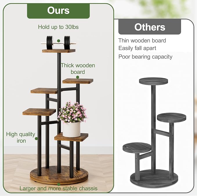 5 Tier Wood Plant Stand Indoor Outdoor, Wood Tall Plant Rack, Heavy Duty Wrought Iron Flower Pot Stand, Planter Display Rack for Living Room Balcony Garden Patio - BlackSquare