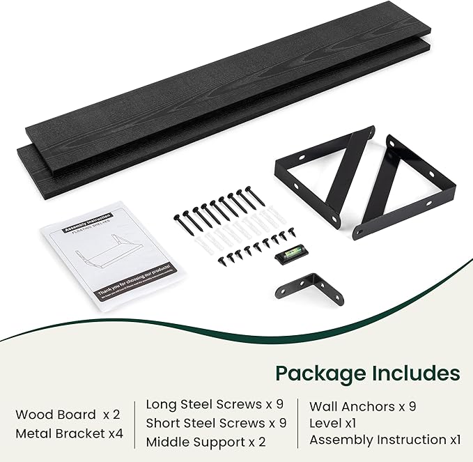 Floating Shelves, 8 Inch Deep Rustic Wood Wall Storage, 48W x 8D Wall Shelves Set of 2, Heavy Duty Metal Brackets, Industrial Book Shelf for Living Room, Kitchen, Bathroom, Bedroom, Black