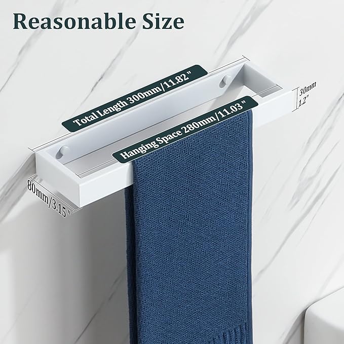 Sayayo White Towel Bar for Bathroom, 12 Inch Hand Towel Holder Wall Mount, Screw or Self Adhesive Towel Ring Square SUS304 Stainless Steel, 3.2 Inch Wide
