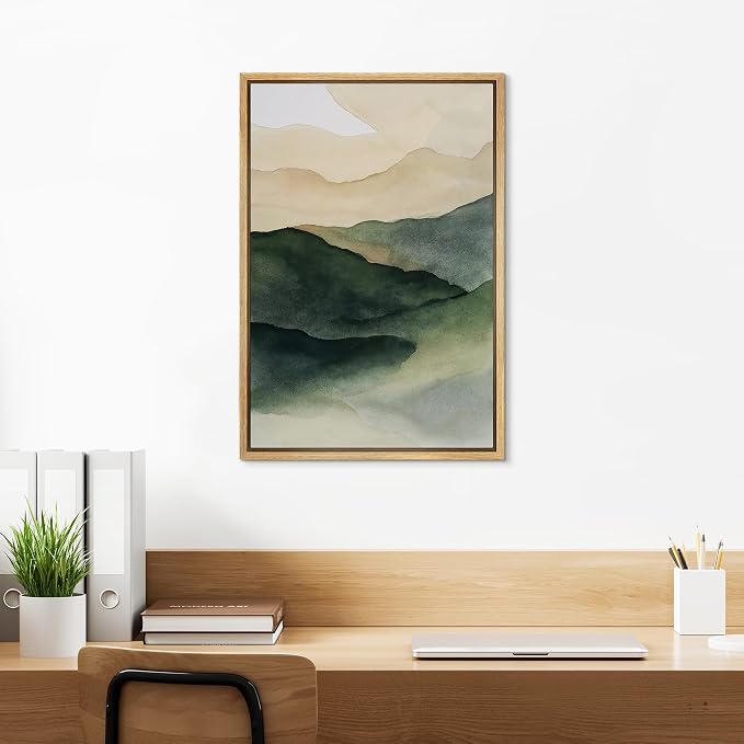 SIGNLEADER Framed Canvas Print Wall Art Watercolor Landscape Green and Beige Mountain Hills Illustration Modern Art Decorative Nordic Zen for Living Room, Bedroom, Office - 24"x36" NATURAL