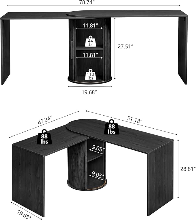 Fluted Computer PC Desk Table with Storage, Black Corner L Shaped Desk with Storage for Small Space, Modern Home Office Desk for Bedroom, for Writing, Executive, Study, Work - Black