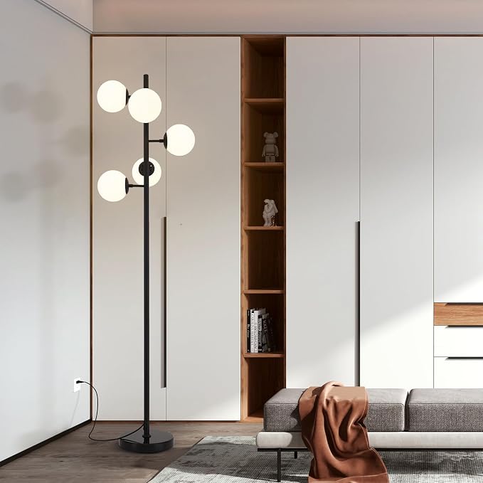 KCO Lighting Contemporary Standing Light 5-Light Frosted White Glass Globe Floor Lamp Modern Black Corner Tall Pole Lamp with Foot Switch for Home Office (Black)