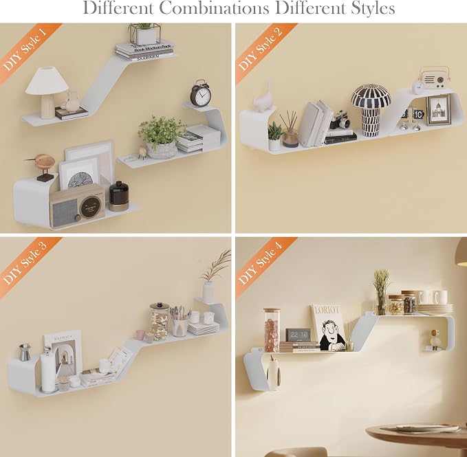 Sttoraboks Floating Shelves - Set of 3 Wall Mounted Metal Shelves with Unique Design for Wall Storage, Book Shelf, Display Shelves for Bathroom, Bedroom, Kitchen, Living Room, White