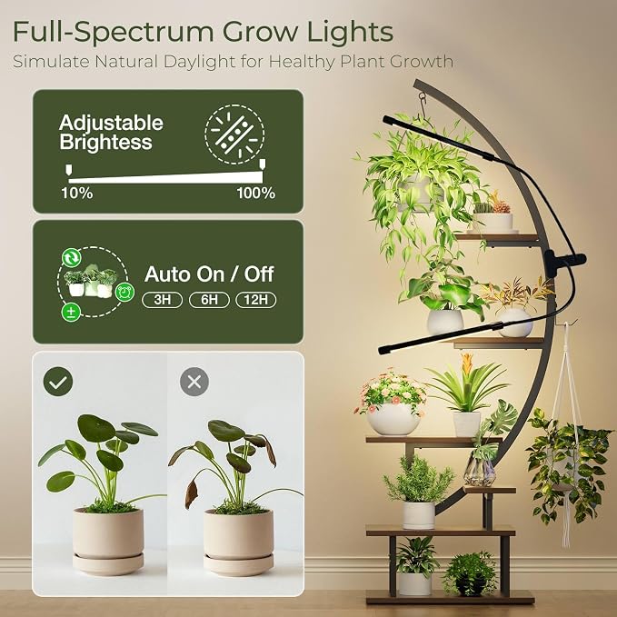 GREENSTELL Plant Stand Indoor with Grow Lights, 7-Tiered Tall Metal Plant Stand for Indoor Plants, Half-Moon Shape Display Shelf for Home,Living Room, Patio, Dark Brown (2 Pack)