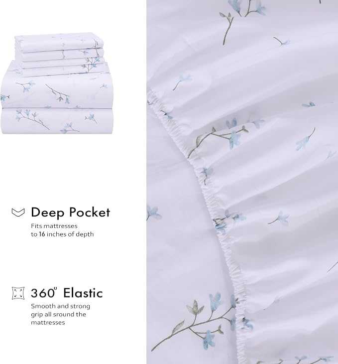 RUVANTI 100% Cotton Percale Sheets Full Size 6 Piece Set, Cooling Bed Sheets for Hot Sleepers, Deep Pocket 16”, Breathable Lightweight & Durable, Crisp Hotel Style Sheets, Burgeon