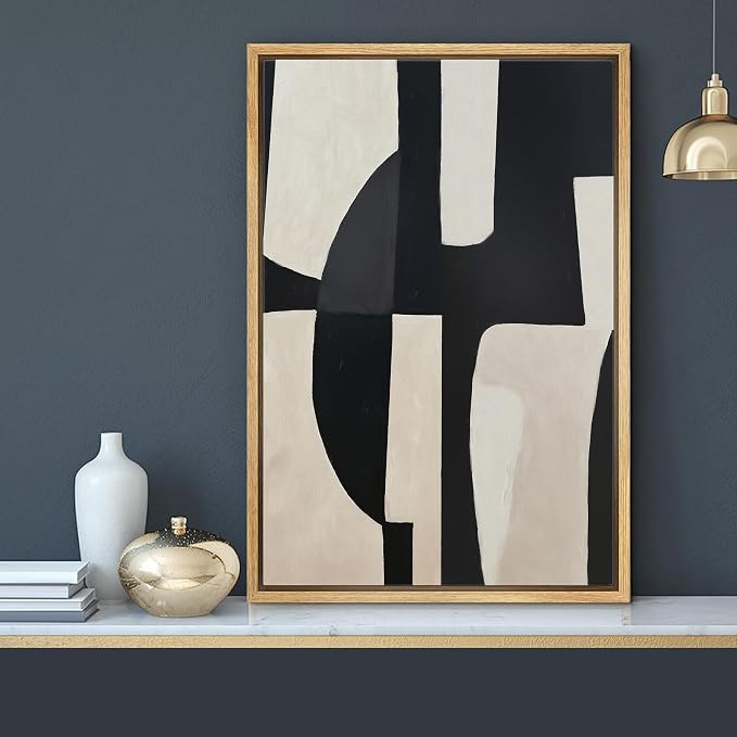 MUDECOR Framed Canvas Print Wall Art Bold Geometric Shapes in Black and Beige Abstract Mid-Century Illustrations Minimalism Decorative Bohemian Geometric Retro for Bedroom - 24"x36" Natural