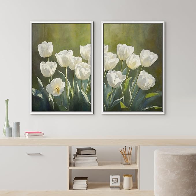 IDEA4WALL Framed Canvas Print Wall Art Set White Tulip Floral Botanical Bloom Illustrations Modern Art Decorative Bohemian Calm/Zen for Living Room, Bedroom, Office - 16"x24"x2 White