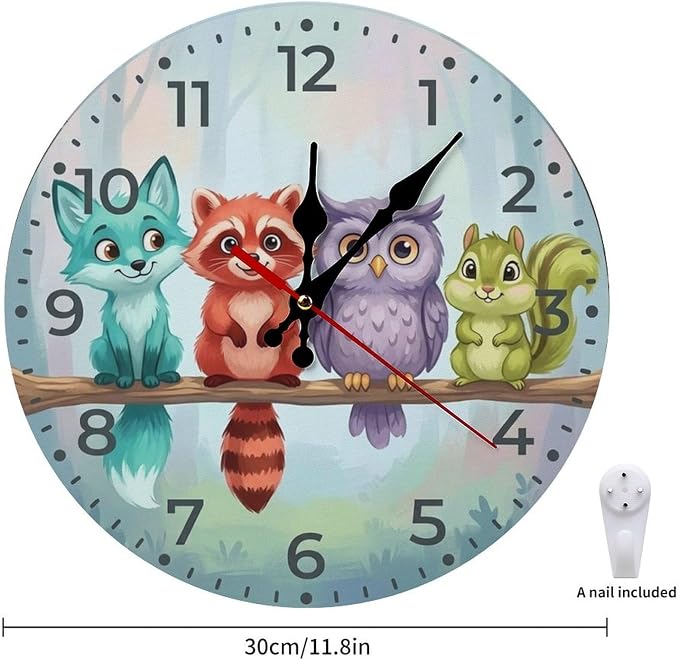 Cartoon Forest Animals Wooden Wall Clock Silent Non-Ticking Battery Operated Kids Room Nursery Playroom Wall Art Decor Gift (10/12 Inch)