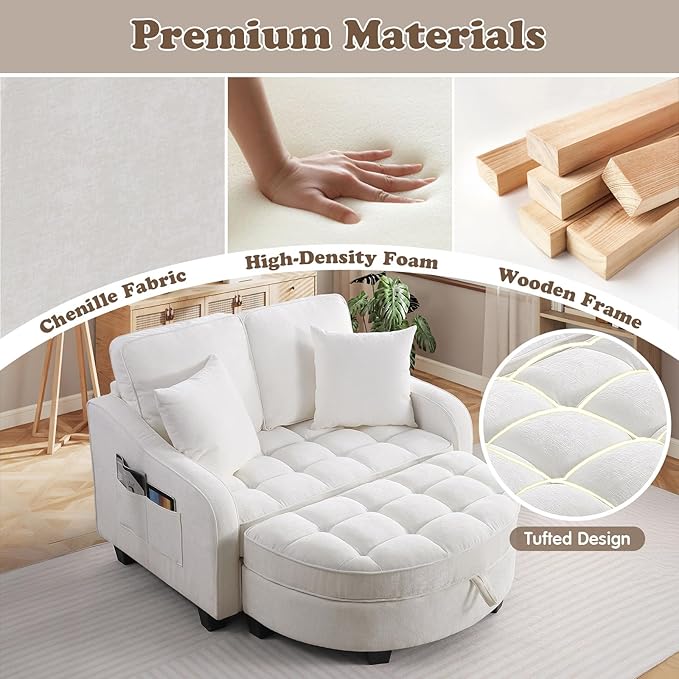 Oversized Chaise Lounge Chair Indoor with Ottoman, Chenille Tufted Comfy Loveseat Sofa Chair with Adjustable Backrest, Fluffy Recliner Sofa, Convertible Sleeper Couch Bed for Living Room(51"W, Beige)