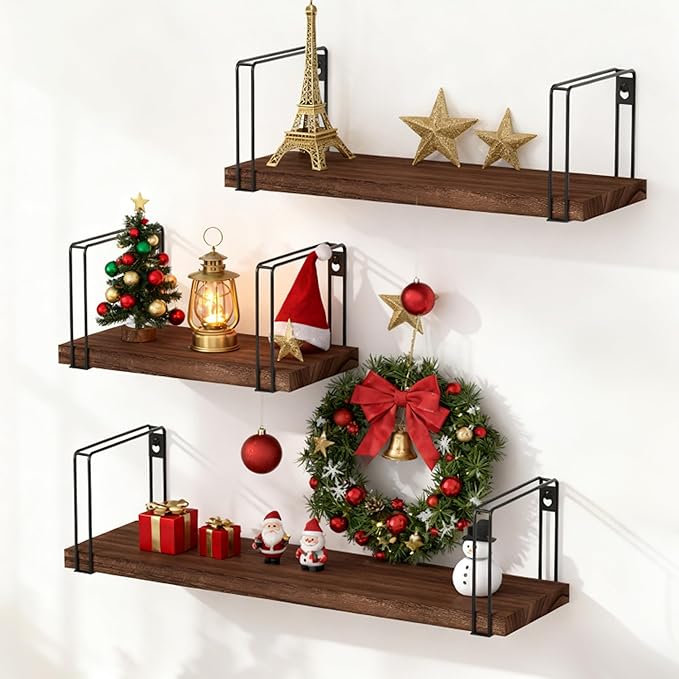 SRIWATANA Rustic Floating Shelves Wall Mount Set of 3, Hanging Wall Shelves, 17 Inch Natural Wood Shelves for Decor, Bedroom, Bathroom, Laundry Room, Living Room, Kitchen, Office - Dark Walnut