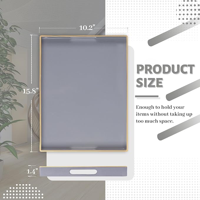 MAONAME Gray Serving Tray with Handles, Modern Grey Decorative Tray for Coffee Table, Plastic Rectangular Gray Trays for Ottoman, Bathroom, Decor, 15.8” x 10.2” x 1.4"