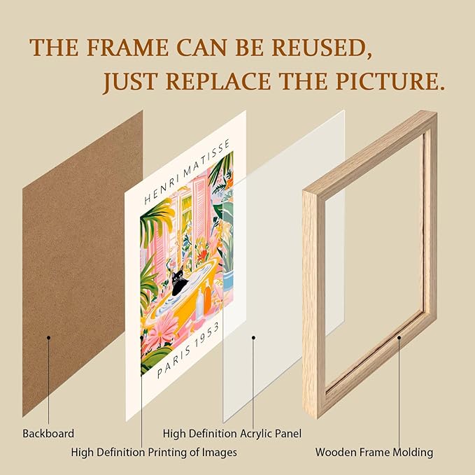 2Pcs Wood Framed Matisse Black Cat Wall Art Decor Painting Modern Art Canvas Print Vintage Color Poster Bathroom Bedroom Living Room Wall Decor Gallery Style Home Artwork 16X24Inch