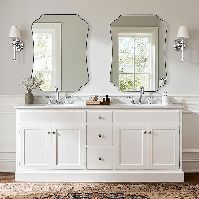 ANDY STAR Chrome Scalloped Mirror, 26x38 Inch Polished Chrome Mirror, Unique Bathroom Mirror with Scalloped Edge Design, Rust-Proof Stainless Steel 1’’ Frame, Home Decor