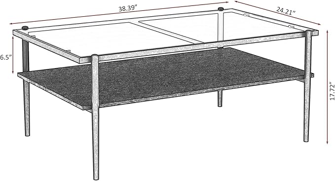 Mid Century Modern 2-Tier Coffee Table with Gray Tempered Glass Top & Wood Storage Shelf – Space-Saving Center Table for Living Room, Apartment & Small Spaces (Black)
