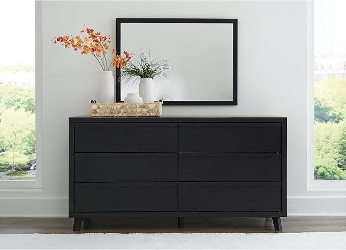Signature Design by Ashley Danziar Mid-Century Modern 6-Drawer Dresser and Mirror with Safety Stop, Black