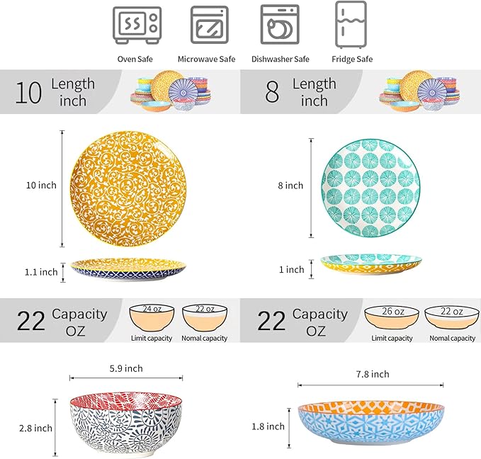 Selamica Ceramic Plates and Bowls Sets,24 Pieces Dinnerware Sets for 6,Scratch Resistant Dish Set for holiday gathering,Dishwasher & Microwave Safe, Assorted Colors