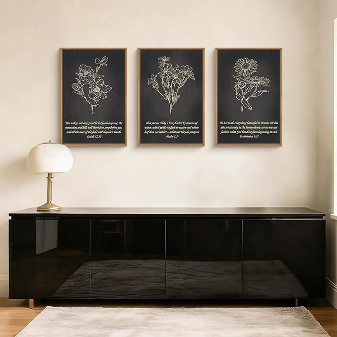 FWIEXA Black Christian Bible Verse Canvas Wall Art Set of 3, Minimalist Scripture Wall Decor, Religious Beige Abstract Floral Painting, 24x36In Vintage Artwork for Living Room,Bedroom,Prayer Room