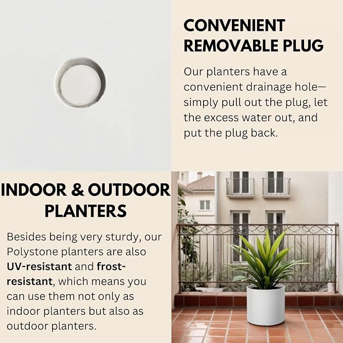 Fox & Fern Large Indoor Planter, Modern Large Plant Pot for Indoor or Outdoor, UV and Frost Resistant - 10 Inch, Polystone, Matte White Flower Pot with Drainage Plug