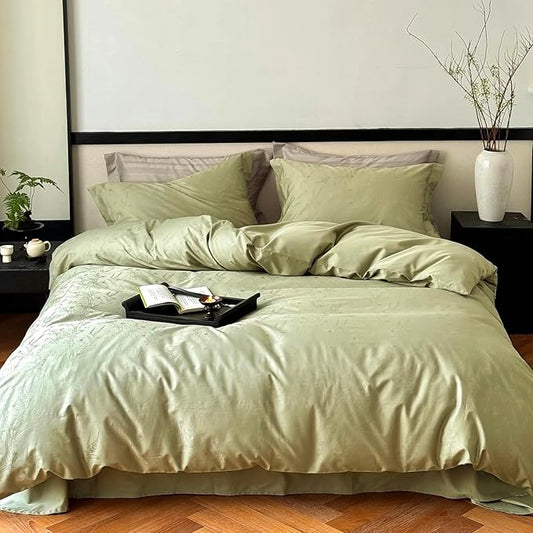 100% Cotton Duvet Cover King Size, Soft Breathable Green Duvet Cover Set for All-Season, Botanical Floral Bird Pattern- 1 Duvet Cover 104x90 Inches with Zipper Closure and 2 Pillowcases