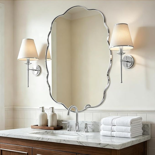 ANDY STAR Chrome Wavy Oval Bathroom Mirror - 30x40 Inch Polished Scalloped Bathroom Mirror, Unique Irregular Design with Heavy Duty SUS Metal Frame