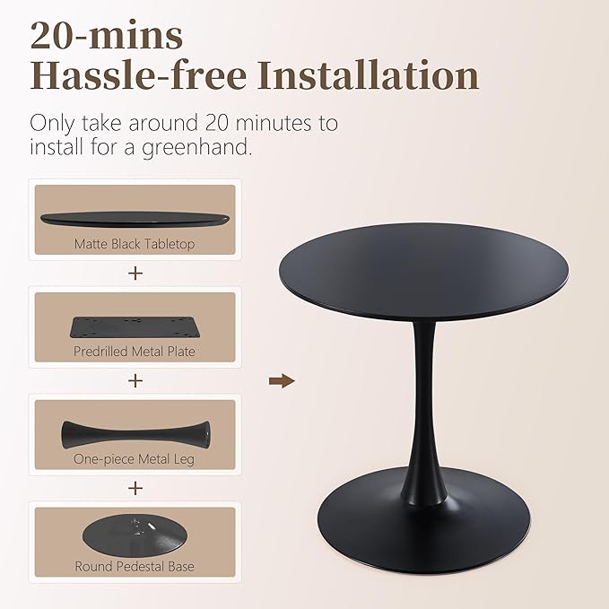 31.5 Inch Round Dining Table,Mid-Century Tulip Table with Metal Pedestal Base,Modern Leisure Table for Small Space Kitchen Dining Room,Easy Assembly,Matte Black