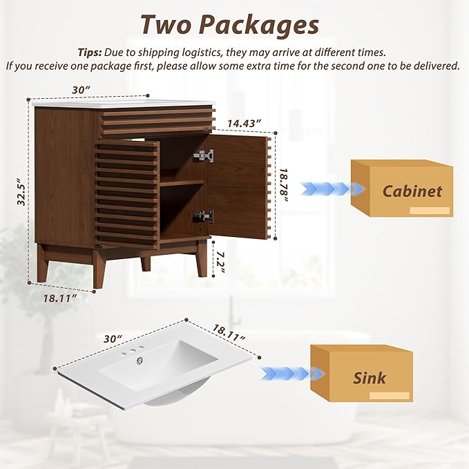 APRILSOUL 30" Bathroom Vanity with Ceramic Sink, Mid-Century Bathroom Vanity Cabinet with 2 Soft Closing Doors, Freestanding Bathroom Cabinet, Particleboard Frame with Wood Grain Laminate, Walnut