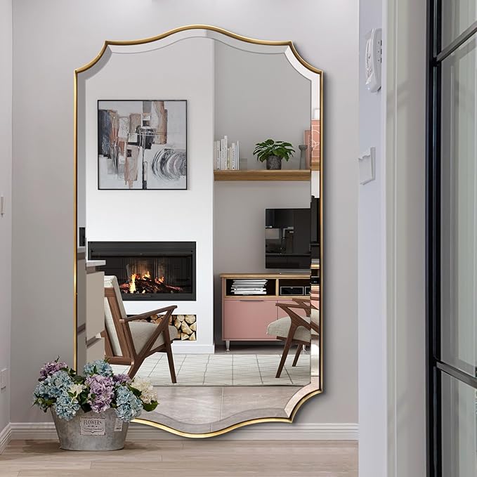 POZINO Scalloped Beveled Mirror, 30"x48" Brushed Gold Rectangle Bathroom Mirrors, Brass Wavy Vanity Mirrors for Wall, Modern Large Irregular Shaped Mirror for Living Room Bedroom Fireplace Entryway