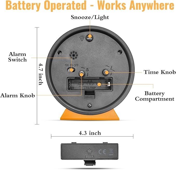 4.5 Inch Small Silent Analog Alarm Clock, Retro Battery Operated Desk Clock with Night Light Stays On 4 Seconds Vintage Metal Table Clock for Bedside, Nightstand, Bedroom, Office, Bathroom - Orange