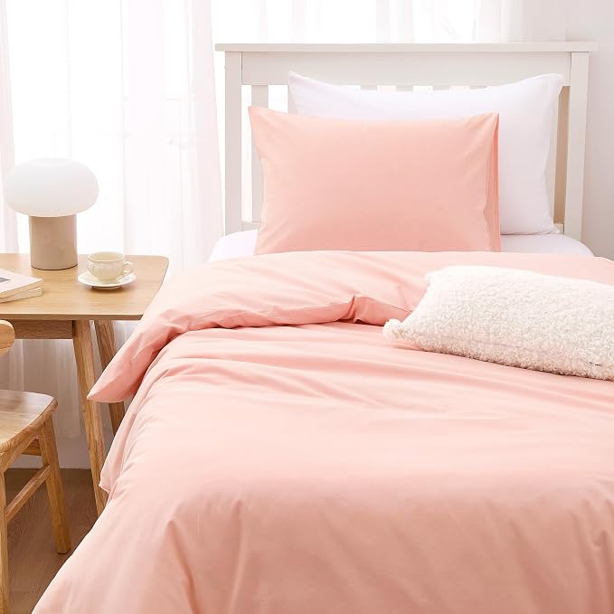 Wake In Cloud - Cotton Duvet Cover Set, 100% Washed Cotton, Linen Like Textured, Breathable Durable Comfy Farmhouse Neutral Bedding Set, 3 Pieces, Pink, Twin/Twin XL Size