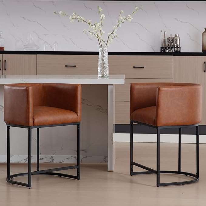 PU Leather Bar Stools Set of 4, Modern Upholstered Counter Height Bar stools 24" Leather Barstools Barrel Kitchen Counter Island Stools with Black Metal Base, Brown