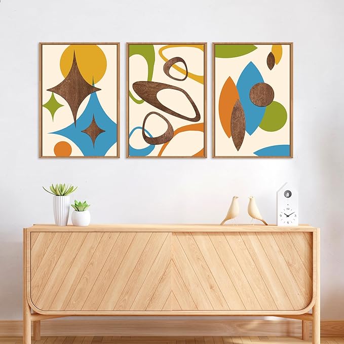 TOARTi 3PCS Framed 3D Mid Century Modern Wall Art Set(16x24inches), Vintage Abstract Geometric Modern Wall Decor, Boho Minimalist Illustration Artwork for Bedroom Bathroom Living Room