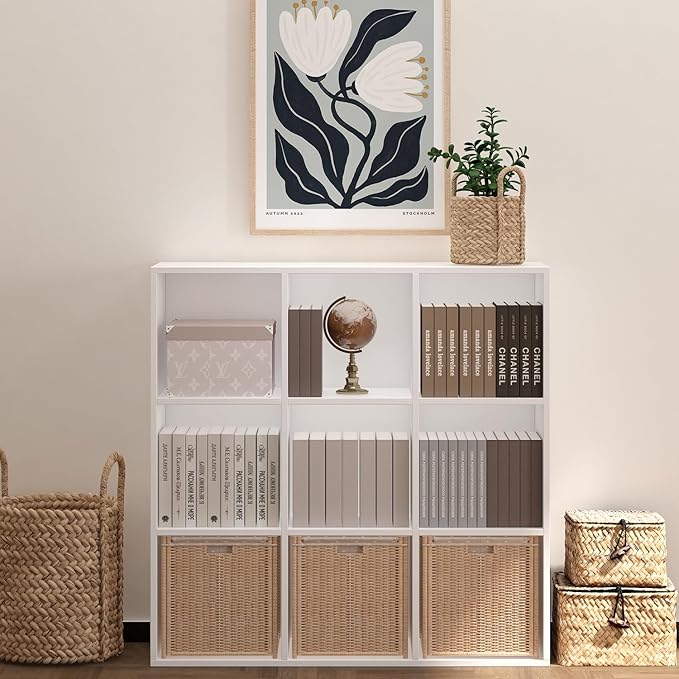 Wooden 9 Cube Storage Organizer with Closed Back Panel,White Cube Shelf Heavy Duty Cubby Storage Organizer with Compartments for Living,Display Shelf,Bookshelf