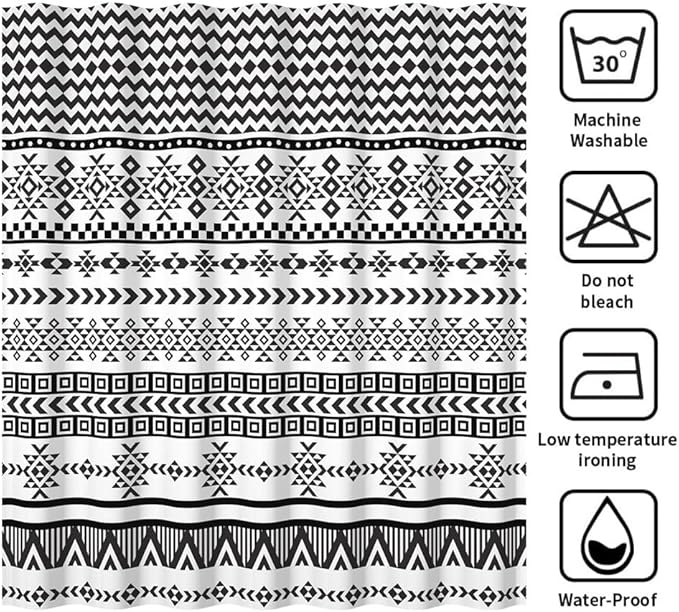 Bohemian Ethnic Shower Curtain for Bathroom Black and White Geometric Pattern Shower Curtains Modern Abstract Minimalist Bathroom Decor Set Washable Waterproof Polyester Fabric with Hooks 72x96 Inch