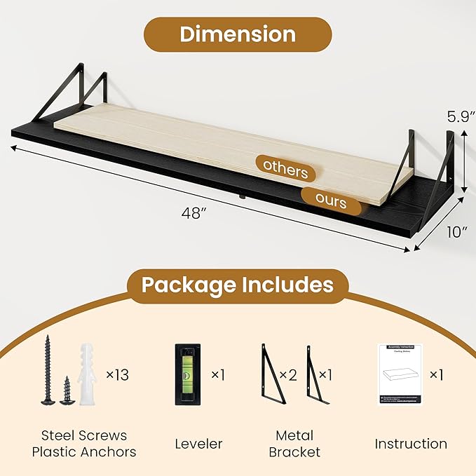 48inch Floating Shelves for Wall,10" Deep Floating Shelves with Metal Brackets,Wall Mounted Hanging Floating Shelf,Wide Display Shelves for Living Room,Bedroom,Office,Kitchen,Black