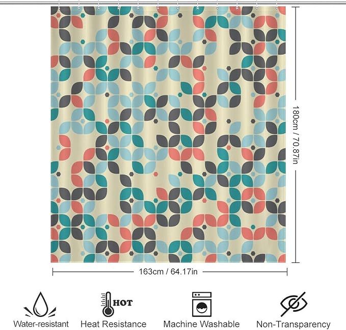 Mid Century Shower Curtain,Retro Abstract Modern Geometric Decor Bathroom Curtain Polyester Waterproof Fabric 66x72in（168x183cm）