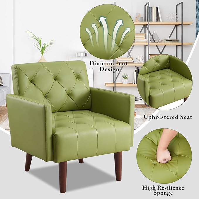 Faux Leather Accent Chair Modern PU Armchair, Retro Tufted Upholstered Arm Chair, Comfy Leather Club Chair Single Sofa for Living Room, Bedroom, Reading Room, Apartment(Green)