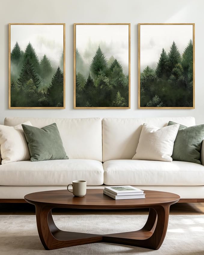 KUVIOKE Morden Green Fog Pine Tree Framed Canvas Wall Art Nature Nordic Forests Artwork Painting Bedroom Decor 24x36in (Natural Framed)