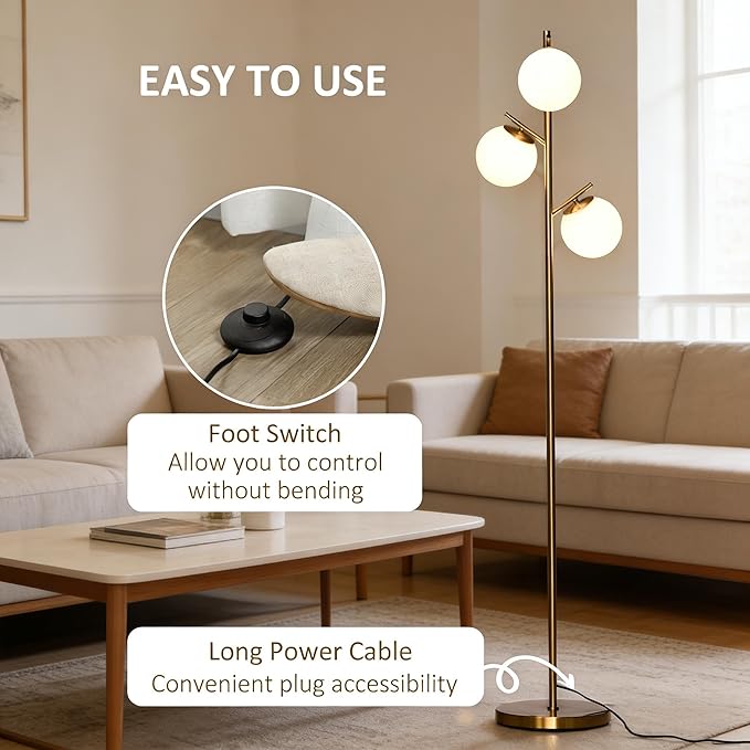 3-Light Tree Floor Lamp, Metal and Glass Modern Standing Lamp for Living Room Bedroom Office, 66.5" H, Gold and White