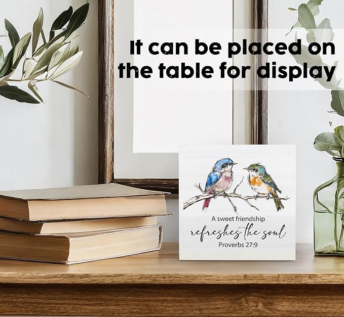 Christian Friendship Gifts for Women, a Sweet Friendship Refreshes the Soul Bird Wooden Box Signs, Best Friend Bestie BFF Gifts, Bible Verse Wood Sign Home Decor for Desk Table Shelf 5x5 Inch