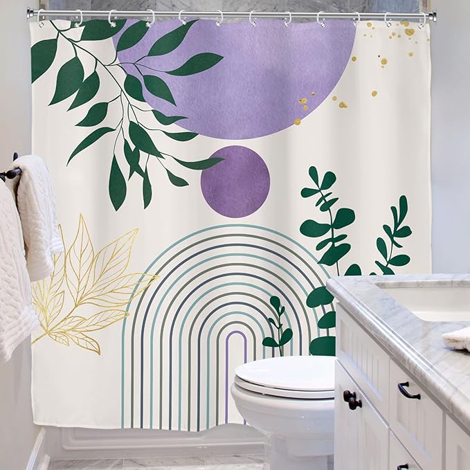 Riyidecor Purple Boho Modern Shower Curtain for Bathroom Decor 72Wx72H Bohemian Leaves Mid Century Eucalyptus Arch Line Art Printed Fabric Polyester Waterproof 12 Pack Plastic Hooks