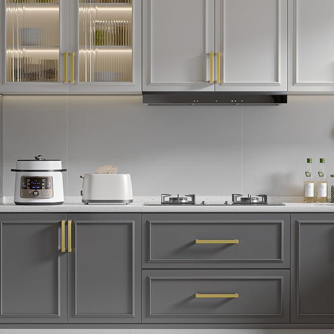 goldenwarm 2 Pack Modern Kitchen Cabinet Hardware Gold Drawer Handles - LSJ12GD115 Dresser Handles Modern Furniture Hardware Bathroom Hardware, 115mm Hole Centers
