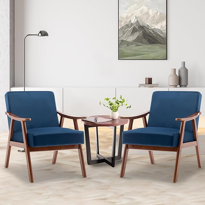 Furnimart Bule Velvet Accent Chair, Mid Century Modern Living Room Chair with Wood Frame, Comfy Armchair Wingback Chair for Office Study Vanity Bedroom Waiting Room
